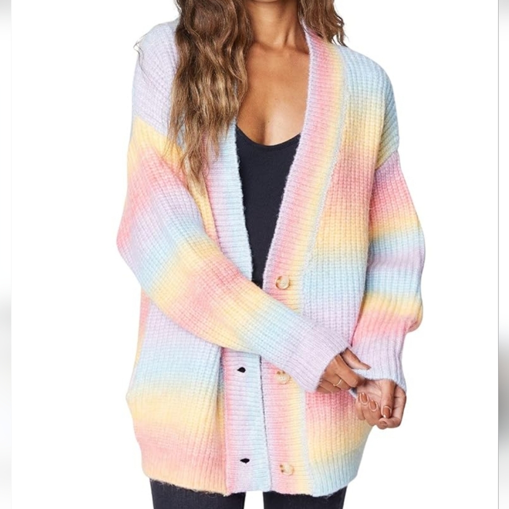 NWT Blank NYC Oversized Chunky Knit Pastel Rainbow Cardigan Sweater Size XL